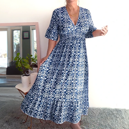 🔥Siste dag: 60% rabatt! ⏰👗Bohemsk, avslappet trykk, V-hals og lang omslagskjole✨