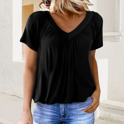 🔥Siste dag: 60% rabatt! ⏰👚Dametopp med plissert V-hals og korte ermer✨