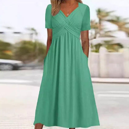 🔥Siste dag: 60% rabatt! ⏰👗Lang damekjole med V-hals og korte ermer✨