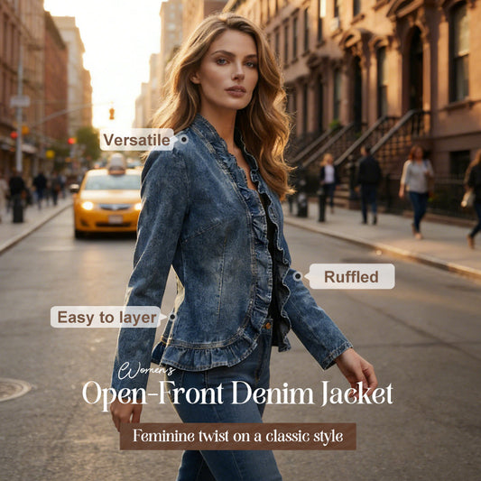 🧥 60 % RABATT NÅ!🌸Denimjakke for damer med volanger og åpen front – Lett og feminin – Allsidig og stilig💝