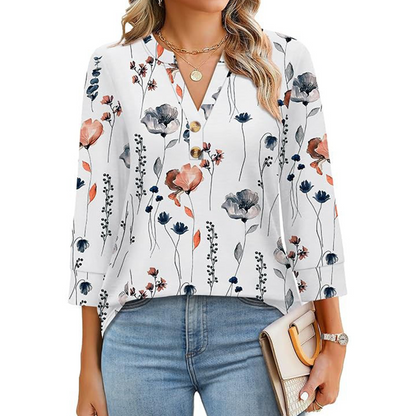 🌸Vårreklame 60% rabatt! 👕Kajual printet V-hals topp for kvinner