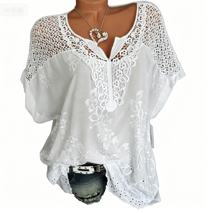 🏖️ Sommersalg 60 % rabatt 🏝️👚Dame elegant blondert brodert V-hals topp 🌸