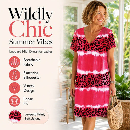 🏖️ Sommer-salg 50 % RABATT 🏝️🐆 Dame Leoprint Midikjole med V-hals👗✨