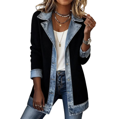 🔥Siste dag: 60% rabatt! ⏰🧥Elegant damekåpe i denim med ribbestrikket innsats🎁