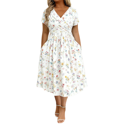 🔥Siste dag: 50% rabatt! 👗Kjole med V-hals, blomsterprint og vridd midje for kvinner🎁