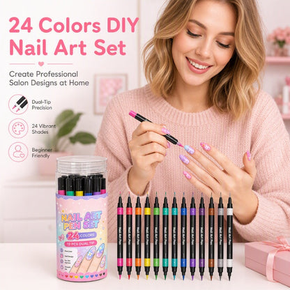 🥳💞 Over 68 000 solgt!💅🖌️🎨Sett med 24 farger Tosidede Neglekunstpenner🎁
